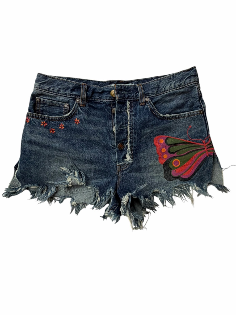 Free People You’re My Butterfly Embroidered Distressed Denim Shorts Size 26
